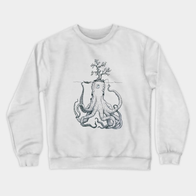 Kraken Island Ink Drawing Crewneck Sweatshirt by SamDeaconArt